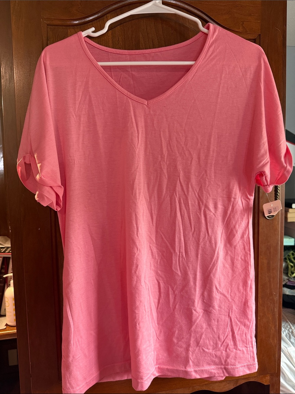 Women's Pink V-Neck Short Sleeve Top